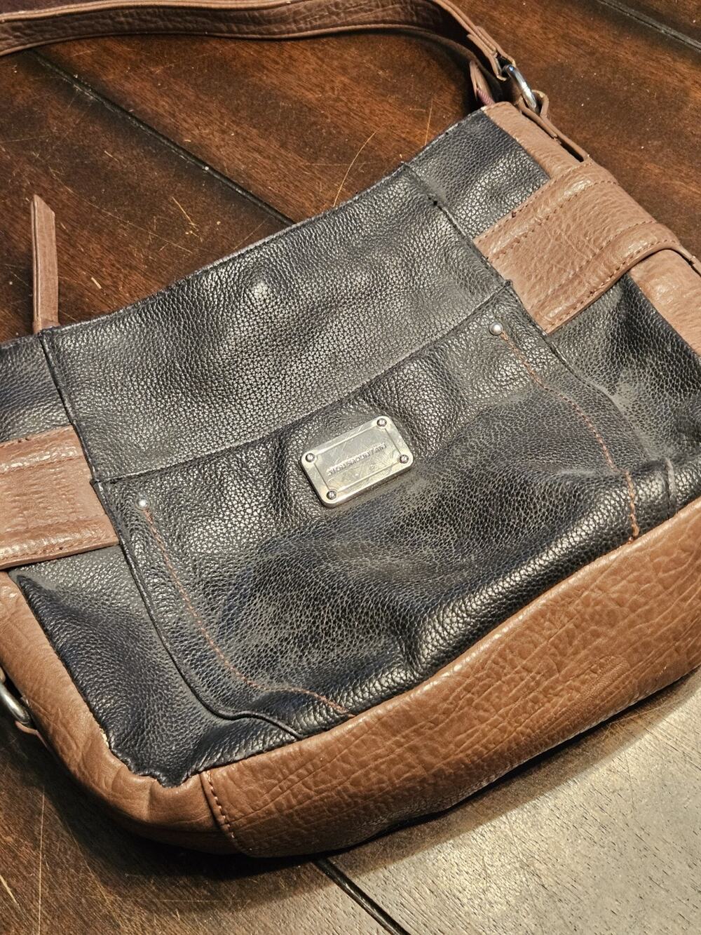 Stone Mountain Leather Handbag Black W/ Brown Detail Greenwich Hobo 3 Pocket